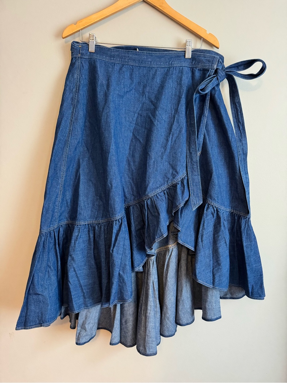 Polo Ralph Lauren Ruffled Chambray Wrap Skirt Blue Denim High-Low Size 12 euc - Picture 5 of 13